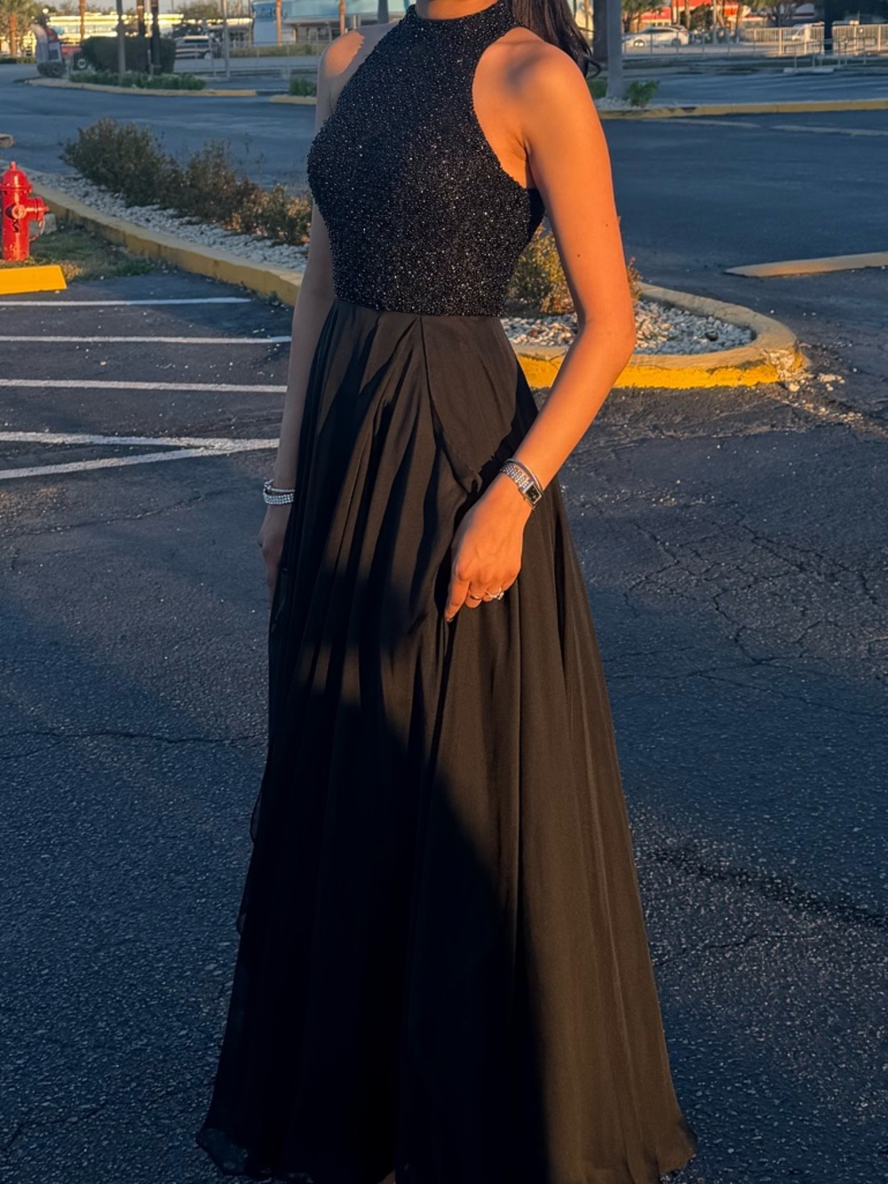 Sherri Hill Black Beaded High-Neck Chiffon Prom Gown